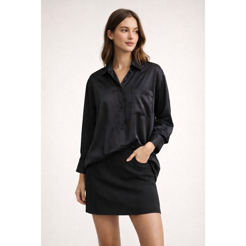 Abercrombie & Fitch Black Oversized Button Shirt XXS Satin Blouse
